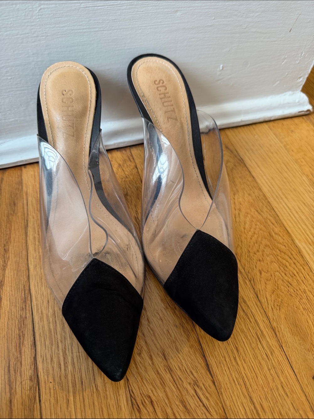 SCHUTZ Clear PVC Pointed Toe Mules with Black Toe Cap